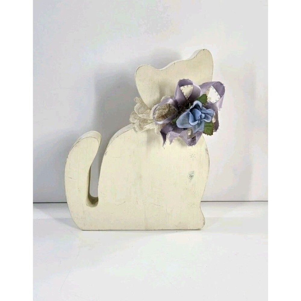 Vtg Wood Primitive Country Kitty Cat Floral Bow Farmhouse Shabby Chic Cottage